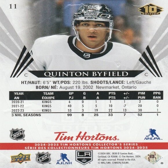 Quinton Byfield - 2024/2025 Tim Hortons 10th Anniversary Edition Card - Picture 2 of 2